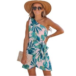 NWT Cupshe Tropical Pink & Green Leaf Print One-Shoulder Mini Dress Sz Med